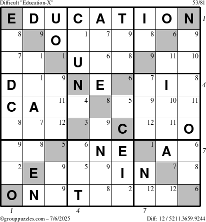 The grouppuzzles.com Difficult Education-X puzzle for Sunday July 6, 2025 with all 12 steps marked