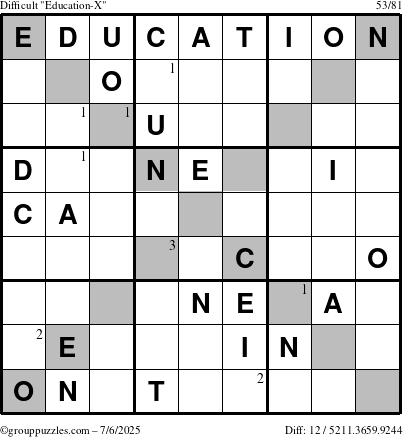 The grouppuzzles.com Difficult Education-X puzzle for Sunday July 6, 2025 with the first 3 steps marked