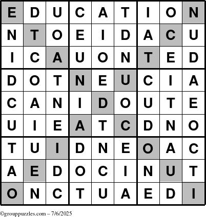 The grouppuzzles.com Answer grid for the Education-X puzzle for Sunday July 6, 2025