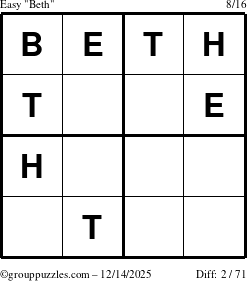 The grouppuzzles.com Easy Beth puzzle for Sunday December 14, 2025