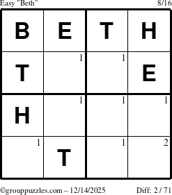 The grouppuzzles.com Easy Beth puzzle for Sunday December 14, 2025 with the first 2 steps marked