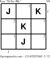The grouppuzzles.com Easy TicTac-JKL puzzle for Sunday December 14, 2025 with all 2 steps marked