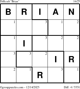 The grouppuzzles.com Difficult Brian puzzle for Sunday December 14, 2025 with the first 3 steps marked