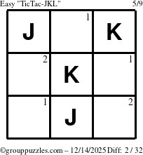 The grouppuzzles.com Easy TicTac-JKL puzzle for Sunday December 14, 2025 with the first 2 steps marked