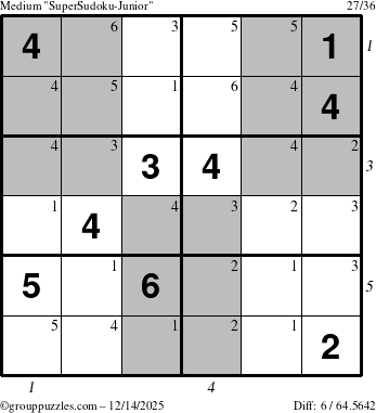 The grouppuzzles.com Medium SuperSudoku-Junior puzzle for Sunday December 14, 2025, suitable for printing, with all 6 steps marked