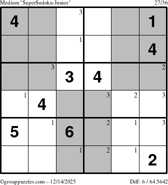 The grouppuzzles.com Medium SuperSudoku-Junior puzzle for Sunday December 14, 2025 with the first 3 steps marked