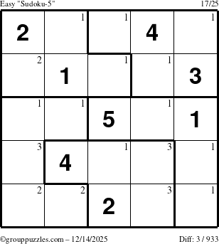 The grouppuzzles.com Easy Sudoku-5 puzzle for Sunday December 14, 2025 with the first 3 steps marked