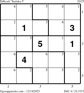 The grouppuzzles.com Difficult Sudoku-5 puzzle for Sunday December 14, 2025 with all 6 steps marked