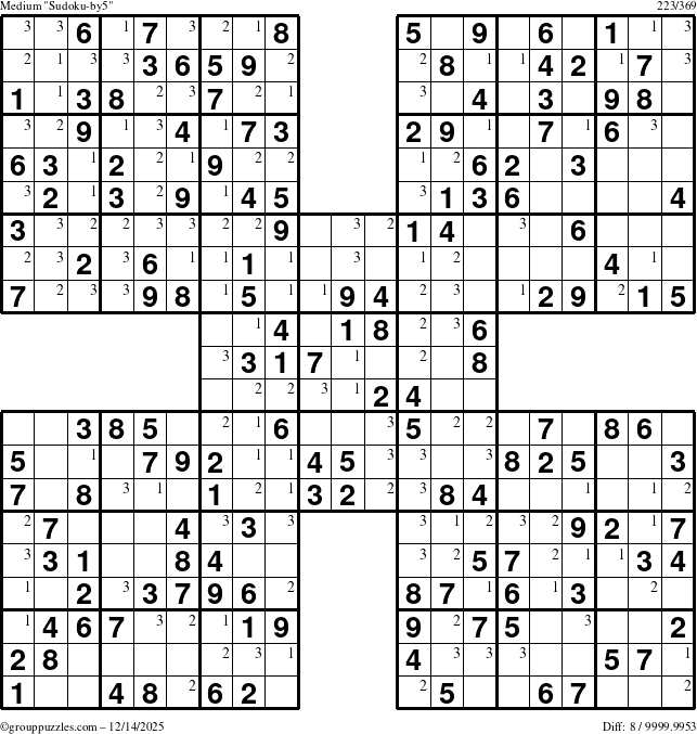 The grouppuzzles.com Medium Sudoku-by5 puzzle for Sunday December 14, 2025 with the first 3 steps marked