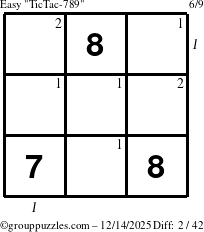 The grouppuzzles.com Easy TicTac-789 puzzle for Sunday December 14, 2025 with all 2 steps marked