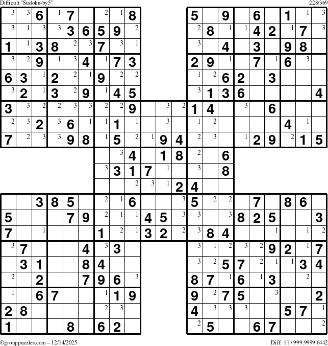 The grouppuzzles.com Difficult Sudoku-by5 puzzle for Sunday December 14, 2025 with the first 3 steps marked