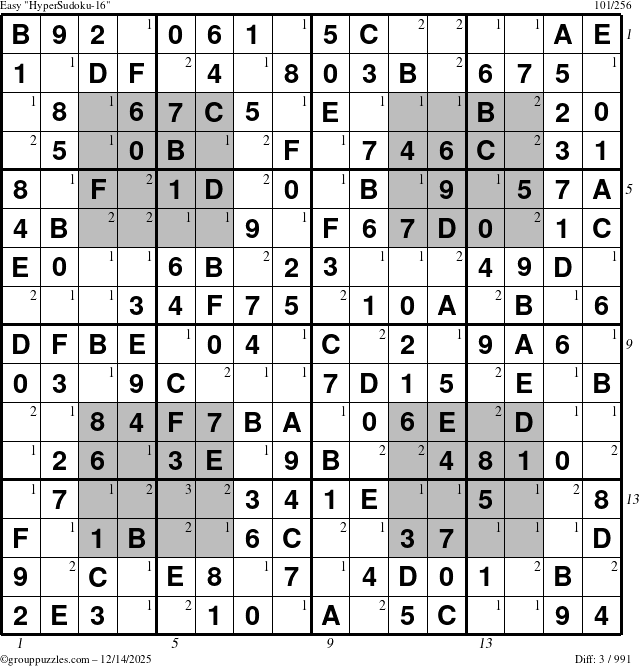 The grouppuzzles.com Easy HyperSudoku-16 puzzle for Sunday December 14, 2025 with all 3 steps marked