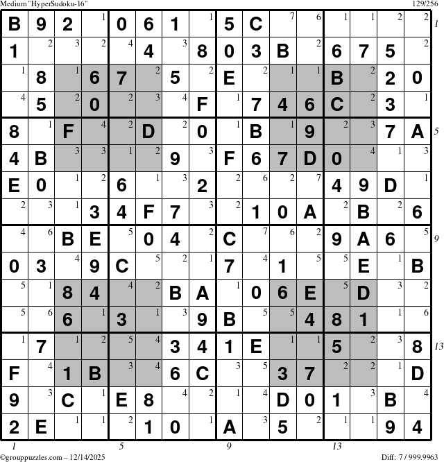 The grouppuzzles.com Medium HyperSudoku-16 puzzle for Sunday December 14, 2025 with all 7 steps marked