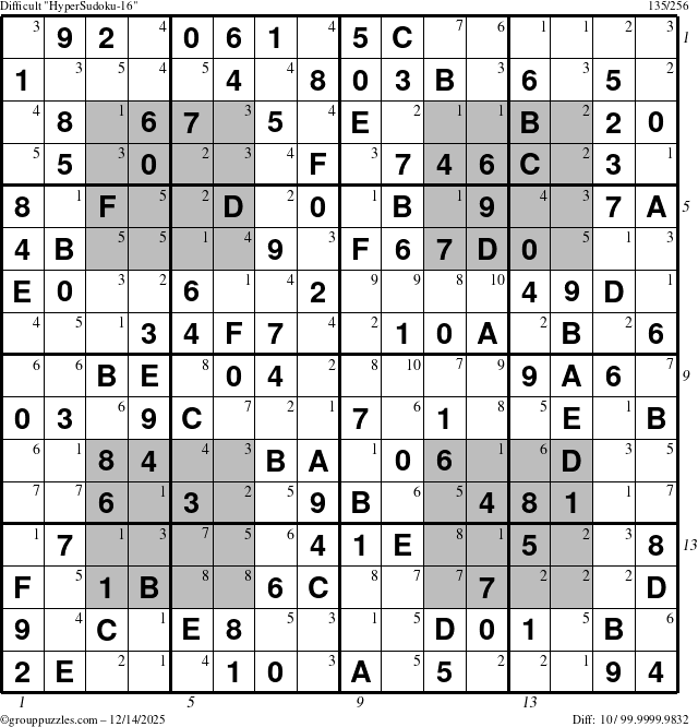 The grouppuzzles.com Difficult HyperSudoku-16 puzzle for Sunday December 14, 2025 with all 10 steps marked
