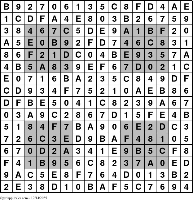 The grouppuzzles.com Answer grid for the HyperSudoku-16 puzzle for Sunday December 14, 2025
