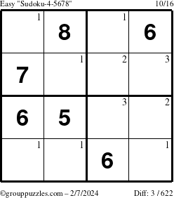 The grouppuzzles.com Easy Sudoku-4-5678 puzzle for Wednesday February 7, 2024 with the first 3 steps marked