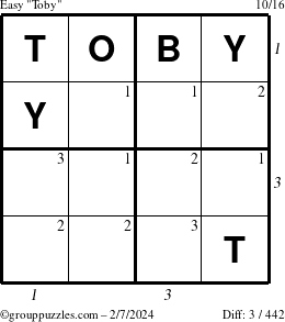 The grouppuzzles.com Easy Toby puzzle for Wednesday February 7, 2024 with all 3 steps marked