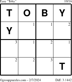 The grouppuzzles.com Easy Toby puzzle for Wednesday February 7, 2024 with the first 3 steps marked