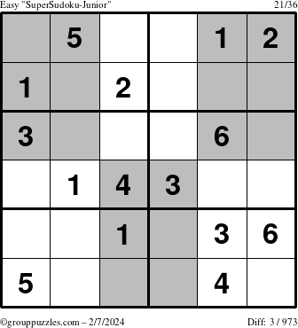 The grouppuzzles.com Easy SuperSudoku-Junior puzzle for Wednesday February 7, 2024