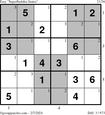 The grouppuzzles.com Easy SuperSudoku-Junior puzzle for Wednesday February 7, 2024 with all 3 steps marked