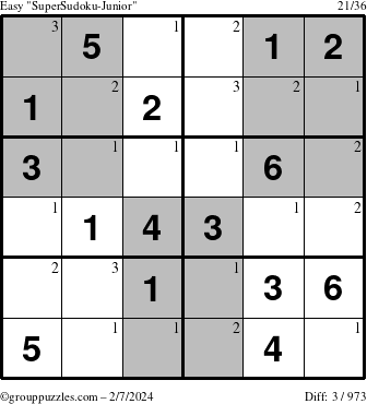 The grouppuzzles.com Easy SuperSudoku-Junior puzzle for Wednesday February 7, 2024 with the first 3 steps marked