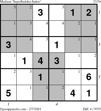 The grouppuzzles.com Medium SuperSudoku-Junior puzzle for Wednesday February 7, 2024 with all 4 steps marked