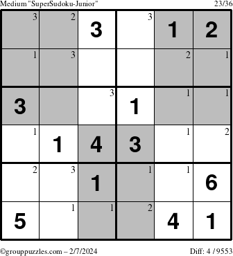 The grouppuzzles.com Medium SuperSudoku-Junior puzzle for Wednesday February 7, 2024 with the first 3 steps marked