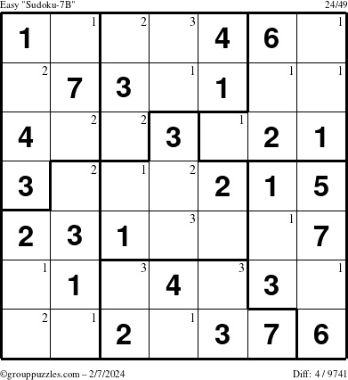 The grouppuzzles.com Easy Sudoku-7B puzzle for Wednesday February 7, 2024 with the first 3 steps marked