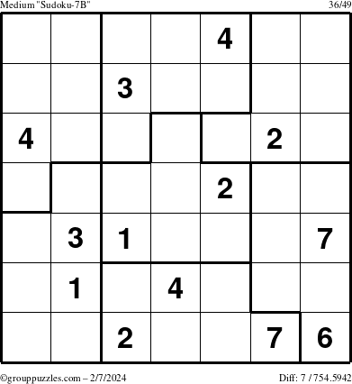 The grouppuzzles.com Medium Sudoku-7B puzzle for Wednesday February 7, 2024