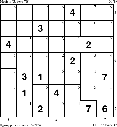 The grouppuzzles.com Medium Sudoku-7B puzzle for Wednesday February 7, 2024 with all 7 steps marked