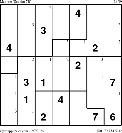 The grouppuzzles.com Medium Sudoku-7B puzzle for Wednesday February 7, 2024 with the first 3 steps marked