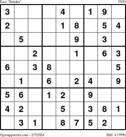 The grouppuzzles.com Easy Sudoku puzzle for Wednesday February 7, 2024