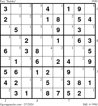 The grouppuzzles.com Easy Sudoku puzzle for Wednesday February 7, 2024 with all 4 steps marked