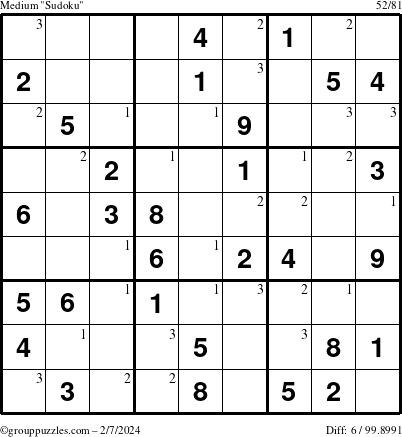 The grouppuzzles.com Medium Sudoku puzzle for Wednesday February 7, 2024 with the first 3 steps marked