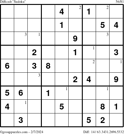 The grouppuzzles.com Difficult Sudoku puzzle for Wednesday February 7, 2024 with the first 3 steps marked