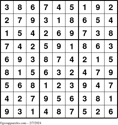 The grouppuzzles.com Answer grid for the Sudoku puzzle for Wednesday February 7, 2024