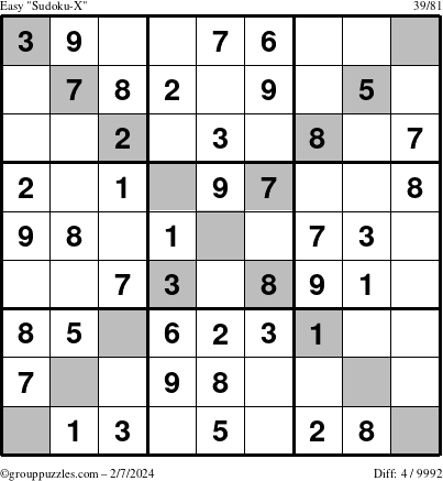 The grouppuzzles.com Easy Sudoku-X puzzle for Wednesday February 7, 2024