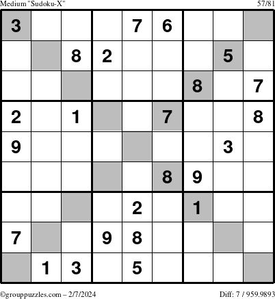 The grouppuzzles.com Medium Sudoku-X puzzle for Wednesday February 7, 2024