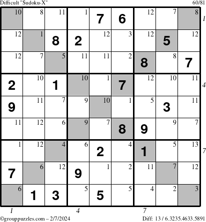 The grouppuzzles.com Difficult Sudoku-X puzzle for Wednesday February 7, 2024 with all 13 steps marked
