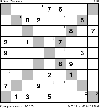 The grouppuzzles.com Difficult Sudoku-X puzzle for Wednesday February 7, 2024 with the first 3 steps marked