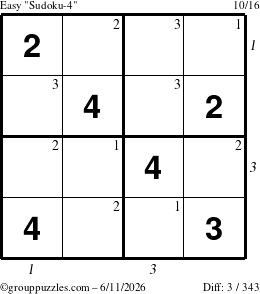 The grouppuzzles.com Easy Sudoku-4 puzzle for Thursday June 11, 2026, suitable for printing, with all 3 steps marked