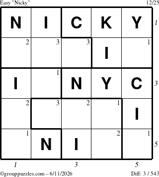 The grouppuzzles.com Easy Nicky puzzle for Thursday June 11, 2026, suitable for printing, with all 3 steps marked