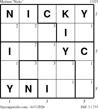 The grouppuzzles.com Medium Nicky puzzle for Thursday June 11, 2026 with all 3 steps marked