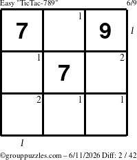 The grouppuzzles.com Easy TicTac-789 puzzle for Thursday June 11, 2026, suitable for printing, with all 2 steps marked