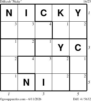 The grouppuzzles.com Difficult Nicky puzzle for Thursday June 11, 2026, suitable for printing, with all 4 steps marked