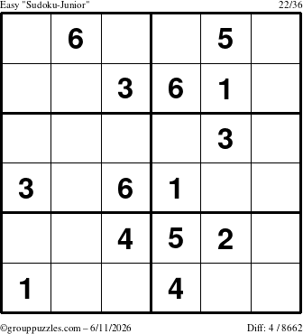 The grouppuzzles.com Easy Sudoku-Junior puzzle for Thursday June 11, 2026