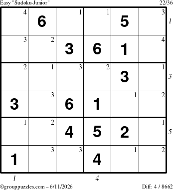 The grouppuzzles.com Easy Sudoku-Junior puzzle for Thursday June 11, 2026, suitable for printing, with all 4 steps marked
