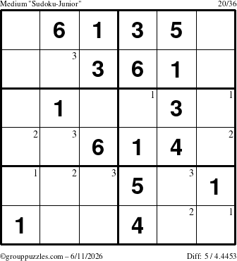 The grouppuzzles.com Medium Sudoku-Junior puzzle for Thursday June 11, 2026 with the first 3 steps marked