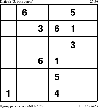 The grouppuzzles.com Difficult Sudoku-Junior puzzle for Thursday June 11, 2026