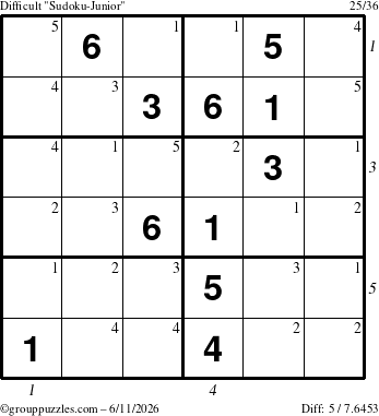 The grouppuzzles.com Difficult Sudoku-Junior puzzle for Thursday June 11, 2026 with all 5 steps marked